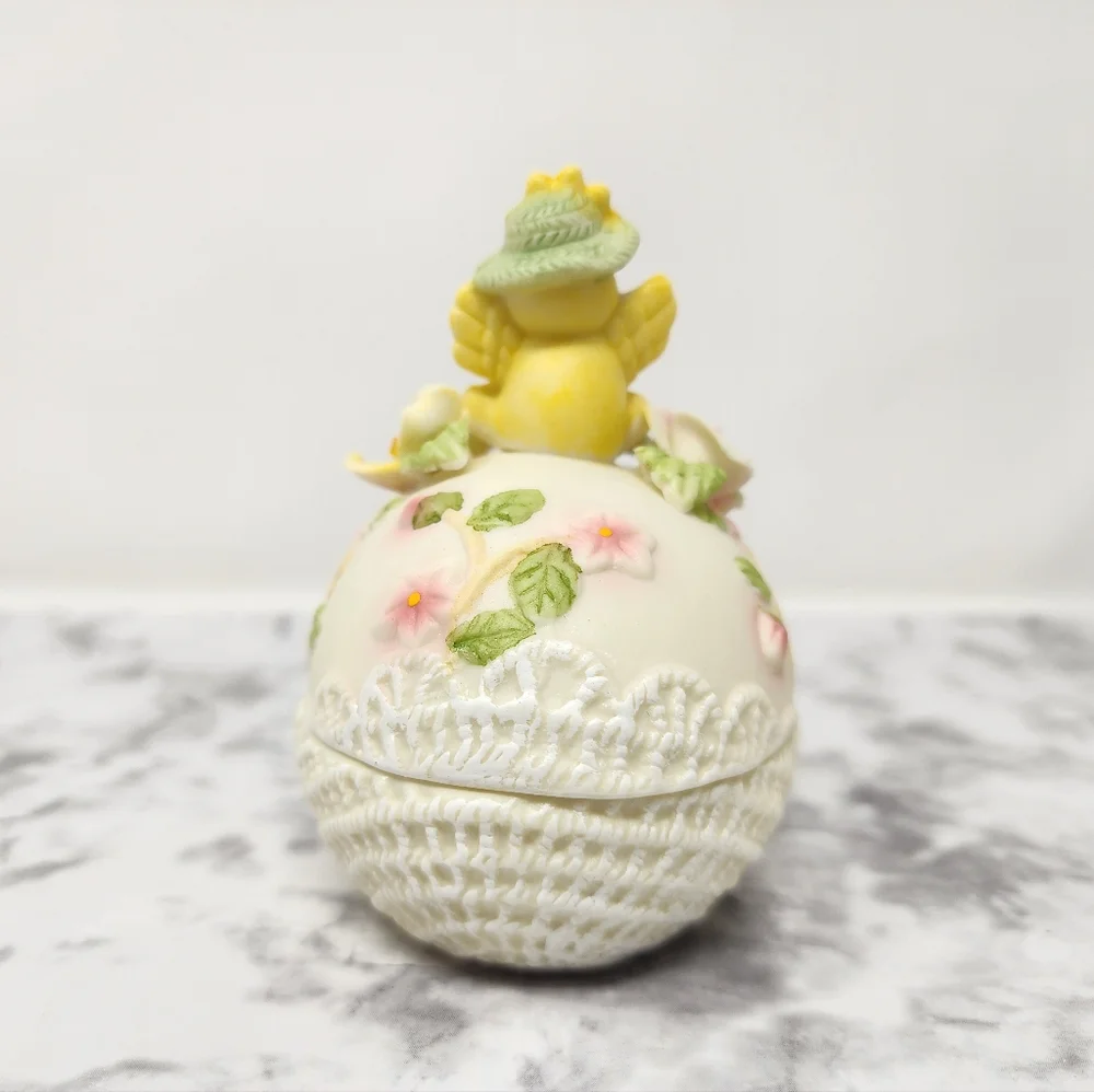 Decorative Egg with Yellow Chick and Flowers Trinket Box